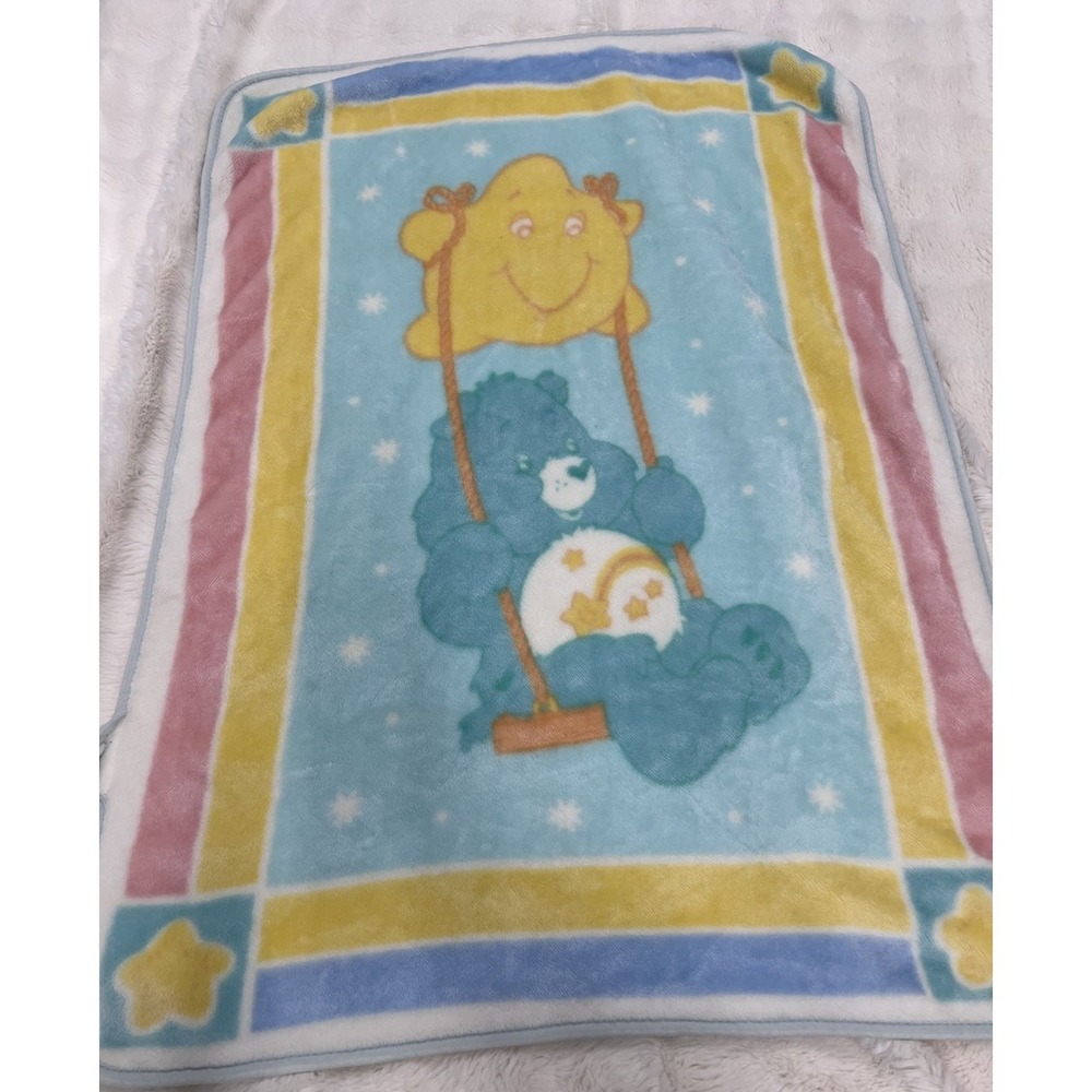Vtg Care Bears Plush Baby Blanket Bedtime Wish Dream Minky Stars Swing 30x42"